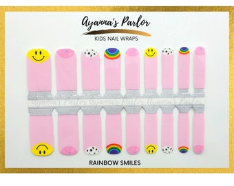 Kids Pink Nail Wraps | Rainbows Smiles | Nail Polish Strips | Cute Fun Kids Nail Polish Stickers