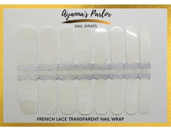 Nail Wraps, White French Lace, Transparent 16 Piece Nail Polish Strips, 100% Nail Polish Stickers