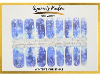Blue White Christmas Nail Wraps, Christmas Tree Nails, Nail Polish Strips, Holiday Design Nail Wraps, Christmas Nail Wraps,