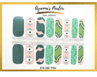 Nail Wraps, Nail Polish Stickers, Nail Strips, Eye See You Nail Wraps,  Green Nail Polish Accents, Swirls and Smiley Face Nail Wraps