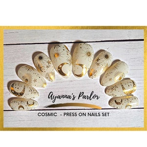 Press On Nails, Moon and Stars Nail Design, Gold Foil Milky White Gel Polish, Nail Wraps To Press On,  Builder Gel Nails