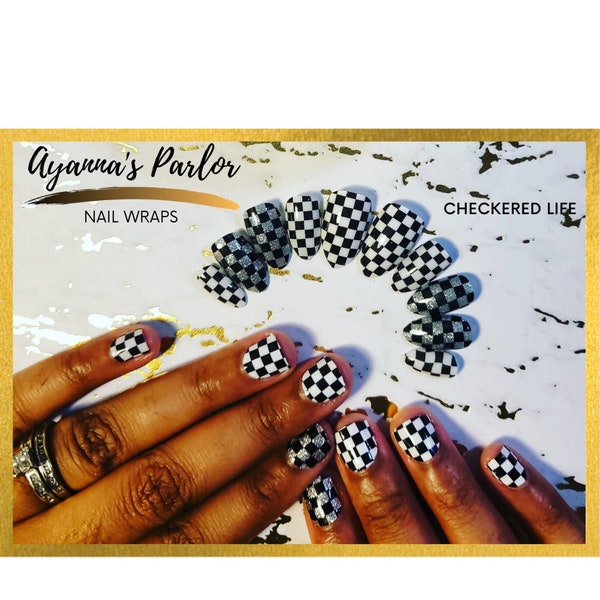 Nail Wraps | Checkered Life | Black White Checker Print |  Speed Racer | Flames | 16 Piece Nail Polish Strips |