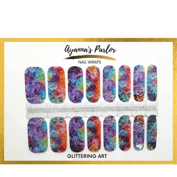 Multi Color Nail Wraps | Glittering Art | 16 Piece Nail Polish Strips | 100% Nail Polish Stickers