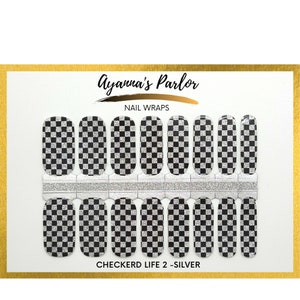 Nail Wraps Checkered Life Black White Checker Print Speed Racer Flames 16 Piece Nail Polish Strips Black&Silver Glitter