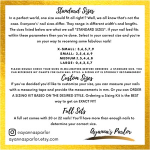 May include: A guide to standard nail sizes for custom nail sets. The chart lists sizes in millimeters for X-Small, Small, Medium, and Large. It also mentions the option to order a sizing kit for custom nail sizes.
