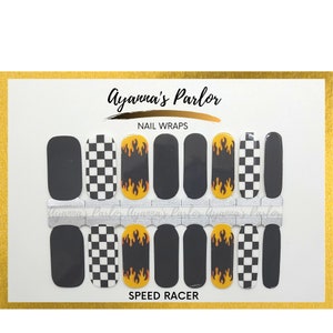 Nail Wraps Checkered Life Black White Checker Print Speed Racer Flames 16 Piece Nail Polish Strips Speed Racer