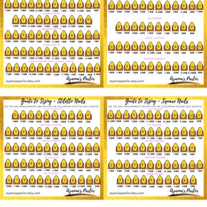 May include: A guide to sizing for coffin, almond, stiletto, and square nail shapes. The guide includes a chart with measurements in millimeters for each nail shape and size. The chart is printed on a gold background with black text.
