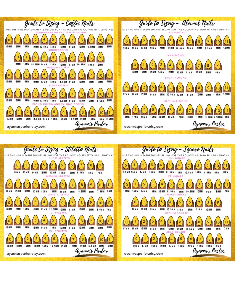 May include: A guide to sizing for coffin, almond, stiletto, and square nail shapes. The guide includes a chart with measurements in millimeters for each nail shape and size. The chart is printed on a gold background with black text.