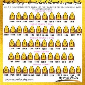 May include: A chart showing nail sizes for different nail shapes, including round, oval, almond, and square. The chart shows the measurements in millimeters for each size, from 0 to 11. The chart is labeled with the different nail shapes and sizes.
