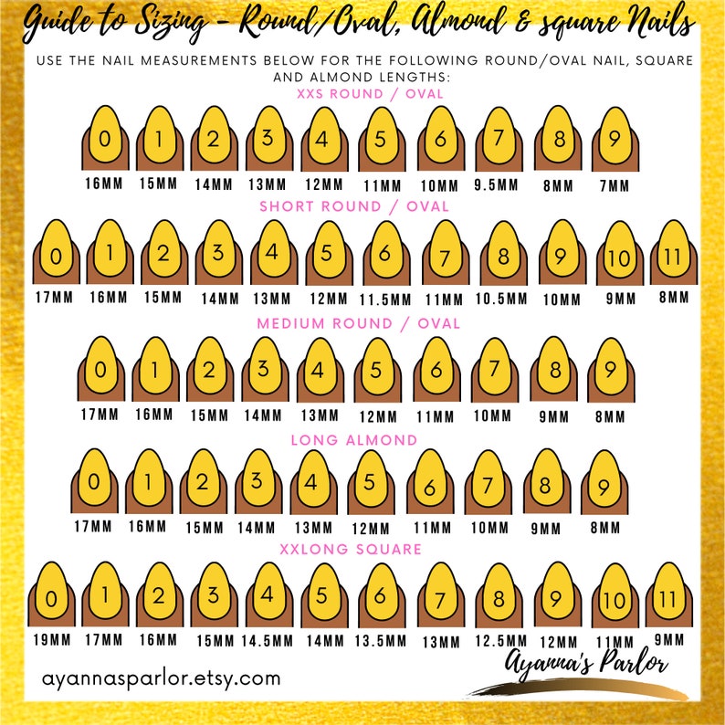 May include: A chart showing nail sizes for different nail shapes, including round, oval, almond, and square. The chart shows the measurements in millimeters for each size, from 0 to 11. The chart is labeled with the different nail shapes and sizes.