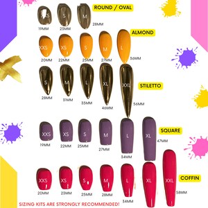 May include: A chart showing different nail shapes and lengths in millimeters. The shapes include round/oval, almond, stiletto, square, and coffin. The chart also includes sizing kits are strongly recommended and a note that XXS and XS sizes may not fit individuals with wide or long nail beds.