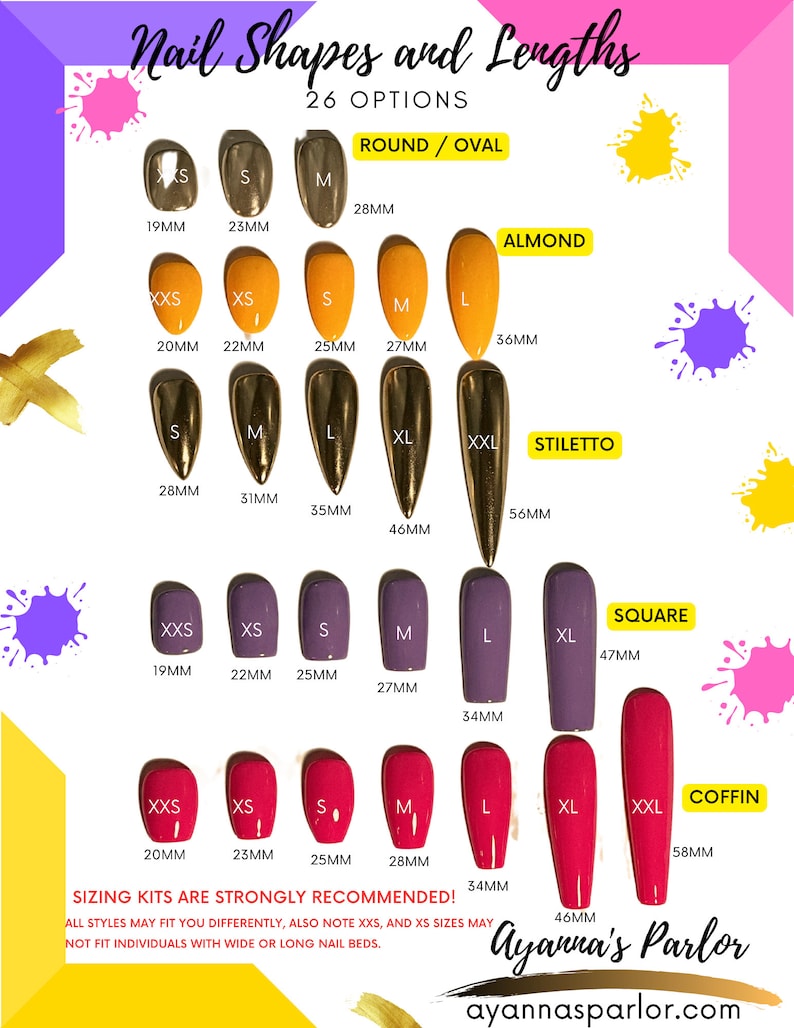 May include: A chart showing different nail shapes and lengths in millimeters. The shapes include round/oval, almond, stiletto, square, and coffin. The chart also includes sizing kits are strongly recommended and a note that XXS and XS sizes may not fit individuals with wide or long nail beds.