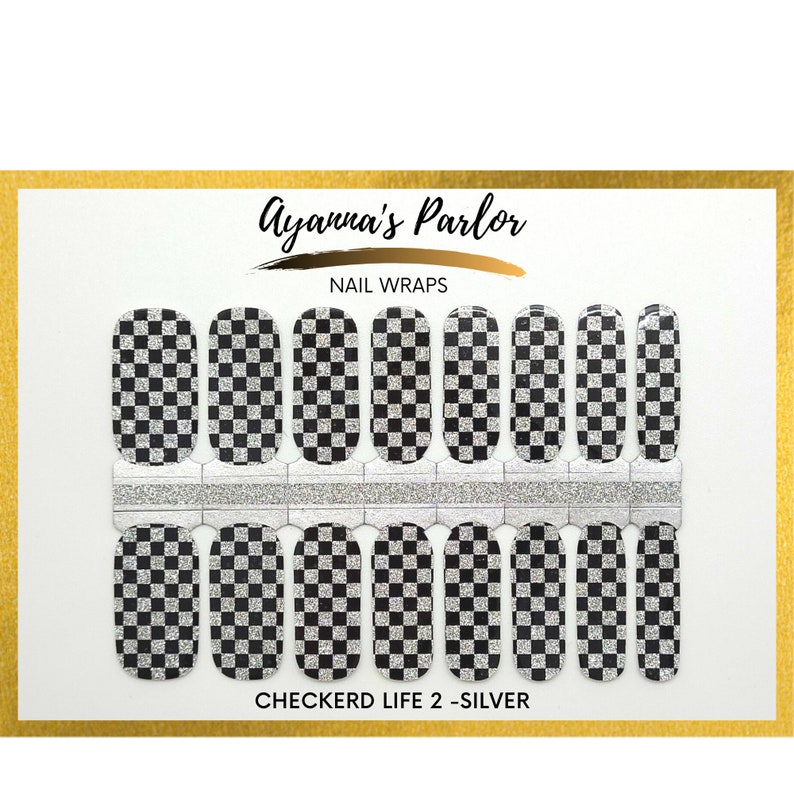 Nail Wraps Checkered Life Black White Checker Print Speed Racer Flames 16 Piece Nail Polish Strips Black&Silver Glitter