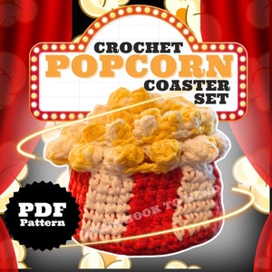 Set di sottobicchieri a forma di secchiello per popcorn, modello all&#39;uncinetto, film sul secchiello per popcorn, regalo per gli amanti dei film, amanti dei film, amanti dei popcorn, modello all&#39;uncinetto digitale