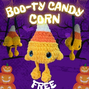 Könnte beinhalten: Ein Halloween-Bild mit drei gehäkelten Maiskolben-Figuren mit Wackelaugen und hängenden Beinen. Der Text "Boo-ty Candy Corn" und "Free Crochet Pattern" wird auf einem lila Hintergrund mit Fledermäusen und Kürbissen angezeigt.