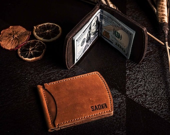 Money Clip Wallet with 4card slots, Minimalist Slim Leather Wallet, Handmade Money Clip, Slim Wallets in Dark brown/Tan brown