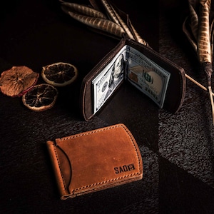 Monedero Money Clip con ranuras para 4 tarjetas, billetera de cuero delgada minimalista, clip de dinero hecho a mano, carteras delgadas en marrón oscuro/marrón bronceado