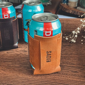 Leather Can/Beer Holder, Beer Holder, Can Holder in Dark brown/Tan brown