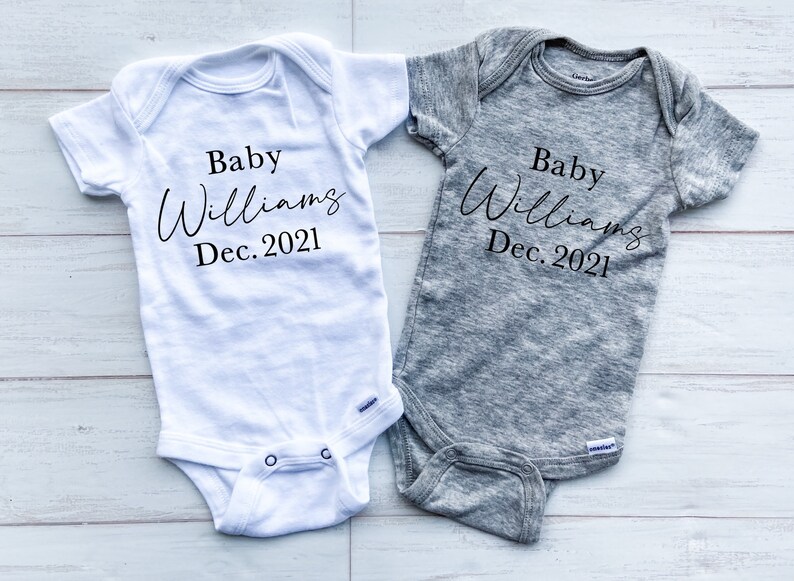 Baby Reveal Pregnancy Announcement Baby Shower Personalized Name /& Date Baby Bodysuit **Made To Order** Baby Announcement
