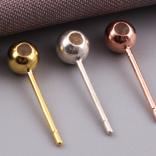 Bead Diameter 3MM 4MM Sterling Silver Ball Head Earring Posts,925 Silver Stud Earring Ball Post With Hole,Ball Post With Hole,Ball Head Stud