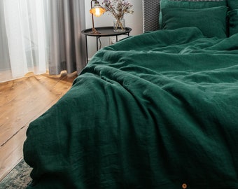 Emerald green linen duvet cover. Stonewashed flax bedding. Twin, Queen, King comforter cover.