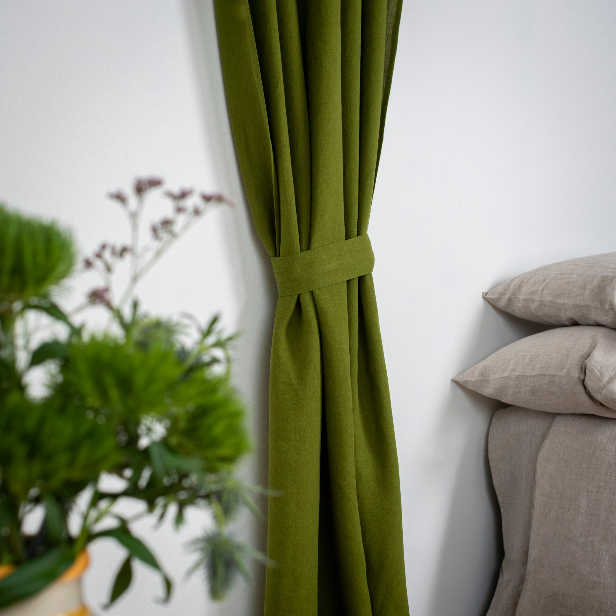 Moss Green Linen Curtains. Tab top loop style with tieback. Etsy
