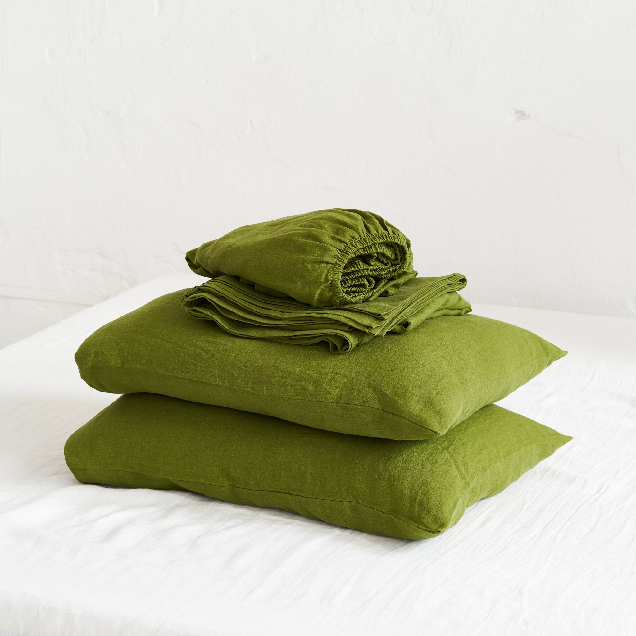 GREEN MOSS PURE NATURAL STONE WASHED LINEN FITTED SHEET SOFT NATURAL BEDDING
