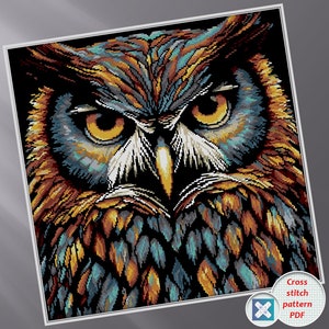 Kolorowa fantazyjna sowa. Haft krzyżykowy liczony, wzór do haftu krzyżykowego w PDF, wzór do haftu, podręcznik z Pattern Keeper