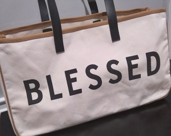 Blessed canvas travel bag, beige & black,  11.5x20 inch