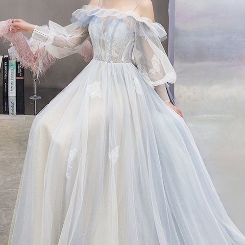 Light Blue Gradient Tulle off Shoulder 
