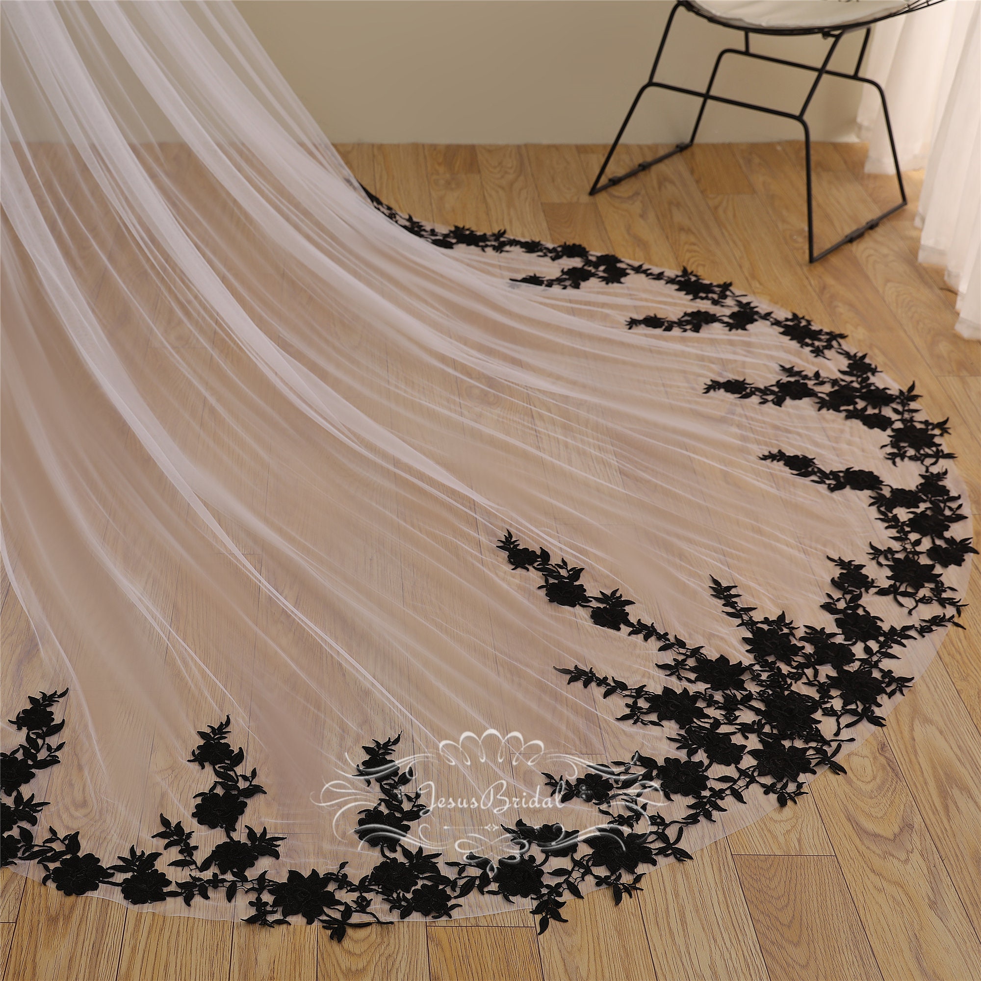 Ivory Wedding Veil With Black Lace Appliqueslong Etsy