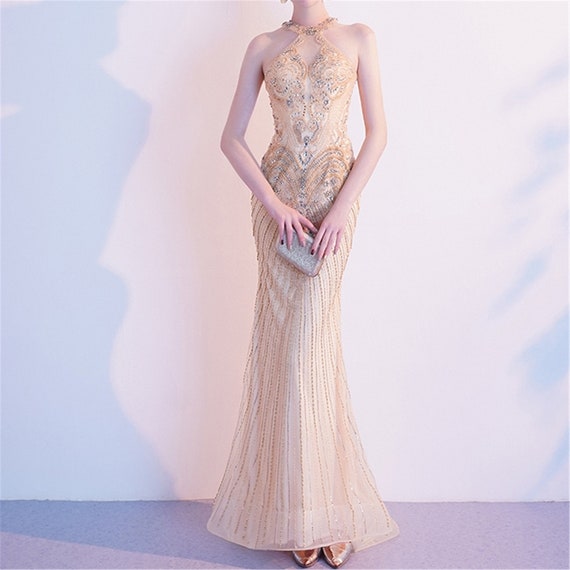 Luxurious Gold Mermaid Halter Prom Dress Sleeveless Handmade Beading Sexy Party Long Dress Evening Dress Gown Vintage Made USA 2020