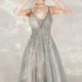 Gray Tulle Deep V Prom Dress With Open Back Handmade Beading Party Long Dress Boho Evening Dress Gown Floor Length Vintage 