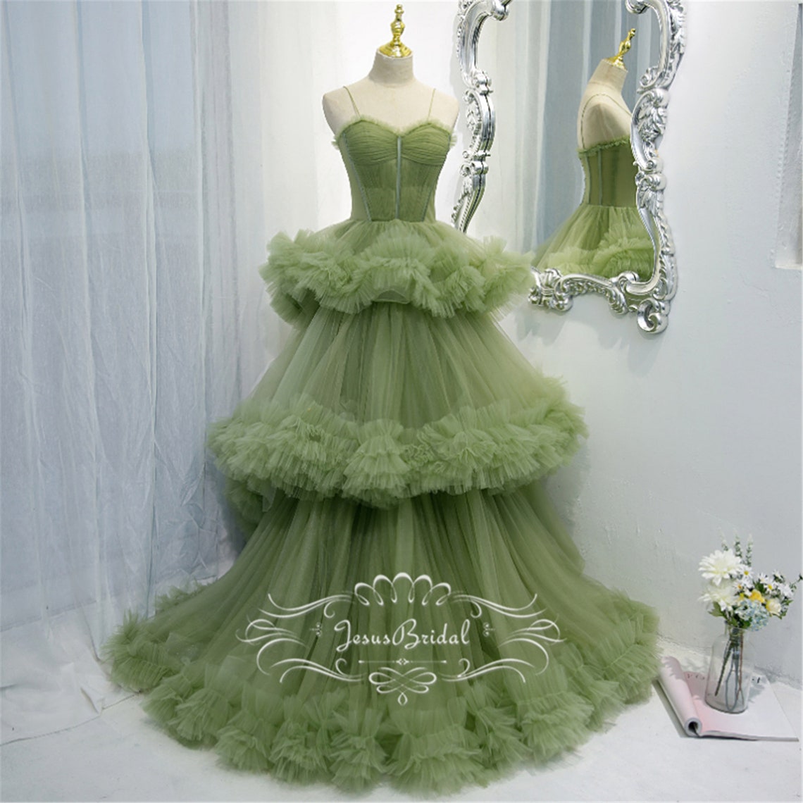 Fairy Fresh Green Ruffled Flounces Senior Prom Dress Straps image 1