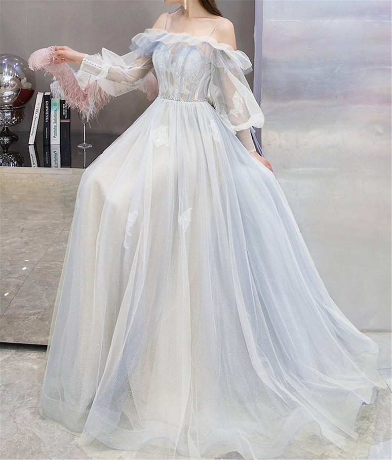 Light Blue Gradient Tulle Off Shoulder Fairy Prom Dress With Long Sleeve,Retro Formal Party Evening Dress Gown,Vintage Bridal Dress 