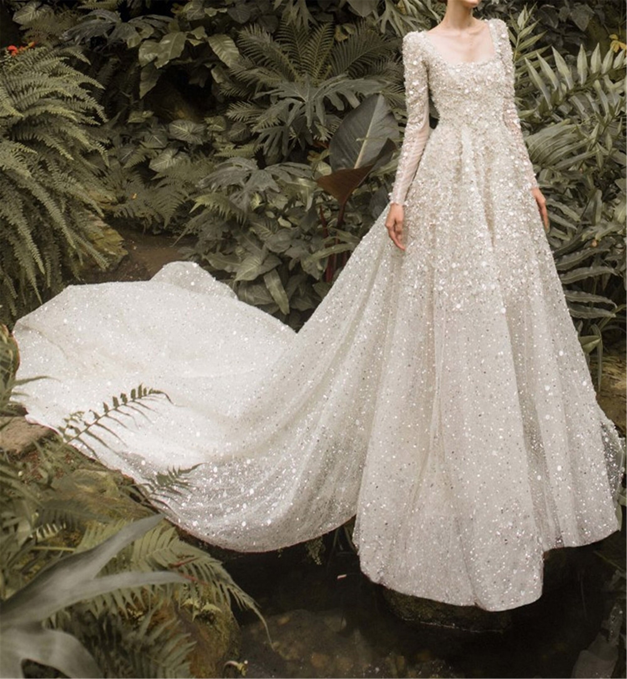 Long Sleeve Beading Sequins Wedding Dress White Square Lace Etsy