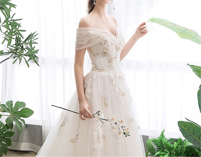 Bohemian Tulle Embroidery Wedding Dress Off Shoulder Beading image 2