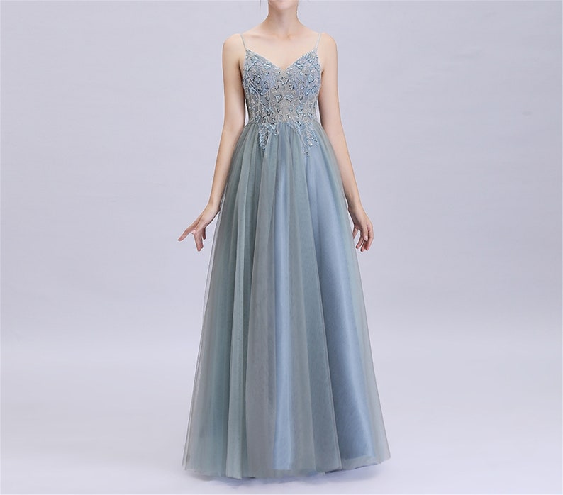 Dusty Blue Satin Tulle Prom Dress Straps Applique Beading Long Party Dress Evening Dress Gown Bridesmaid Dress Graduation Dress For Girl