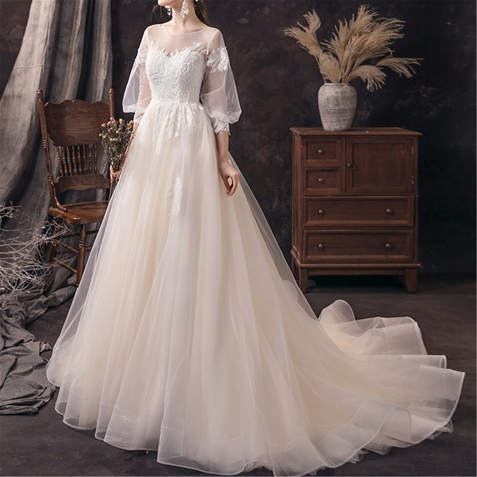 Fee Illusion Langarm Brautkleid Gürtel Spitze-up A-Linie ...