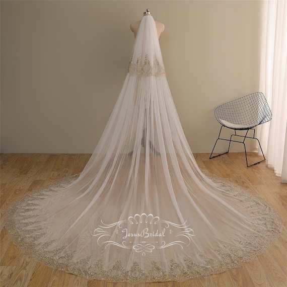 Ivory Wedding Veil With Gold Appliquesbridal Veils With 