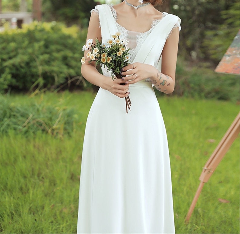 White Lace Satin Bridal Dress A-line Deeo V Neck Backless - Etsy
