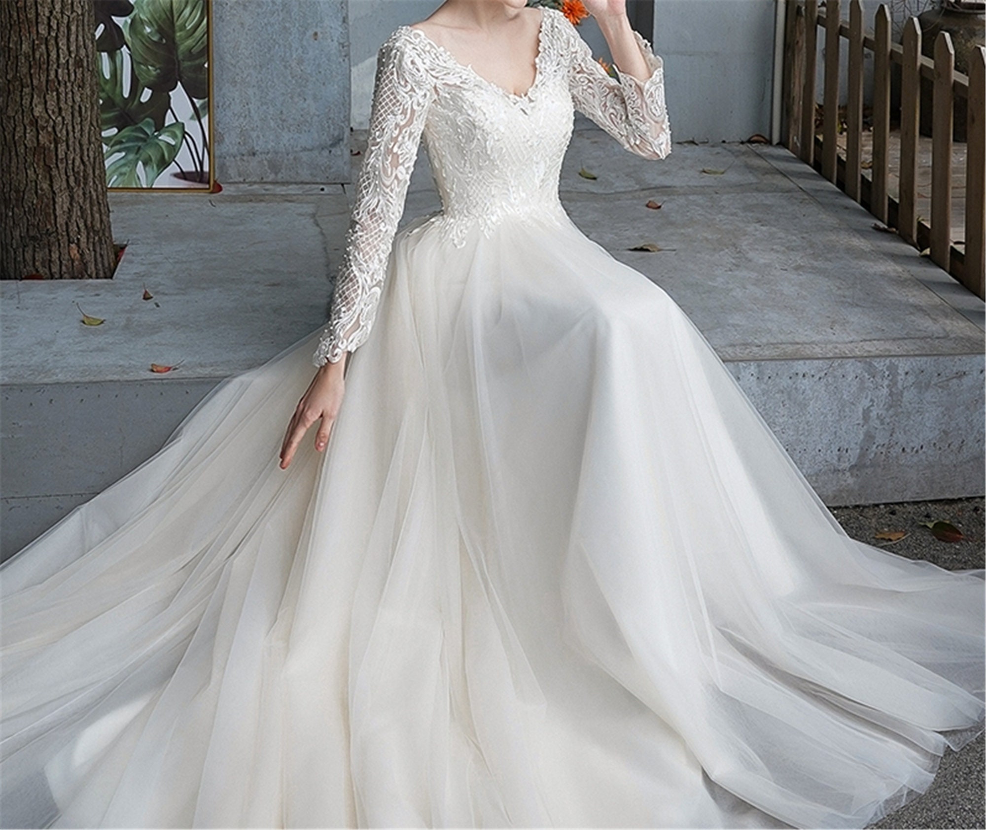 V Neck Long Sleeves Wedding Dress 