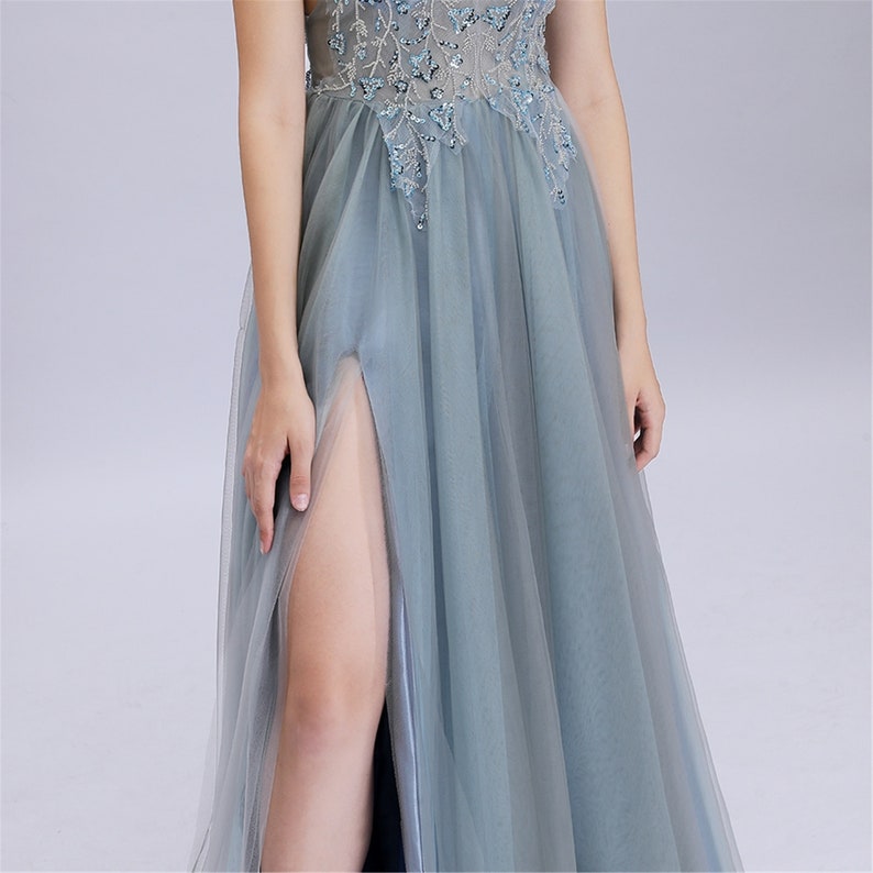 Dusty Blue Satin Tulle Prom Dress Straps Applique Beading Long Party Dress Evening Dress Gown Bridesmaid Dress Graduation Dress For Girl