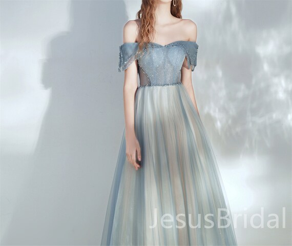 Off Shoulder Dusty Blue Prom Dress Lace 