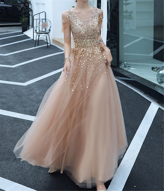 Sleeveless Prom Dress Longgold Champagne Prom Dressesaline Etsy