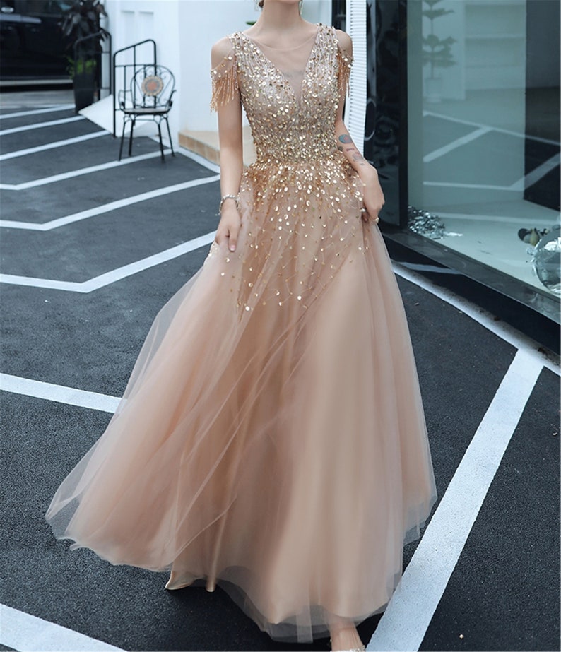 Sleeveless Prom Dress Long,Gold Champagne Prom Dresses,A-line Evening Dress,Beading Party Dress,Formal Dress Belt,Evening Gown Women Girls 