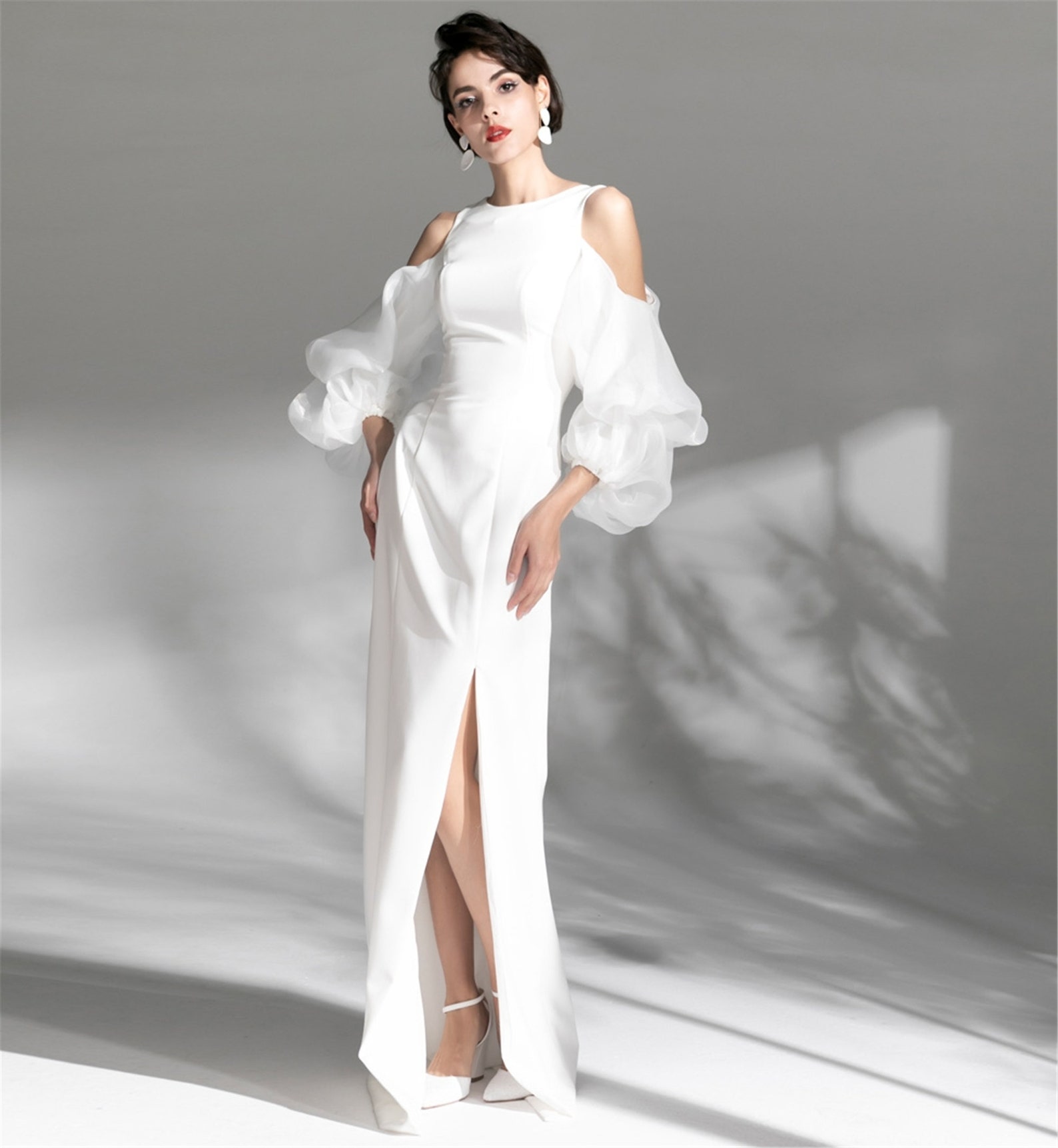 Puff Long Sleeve Wedding Dress White Satin Prom Dress Split | Etsy