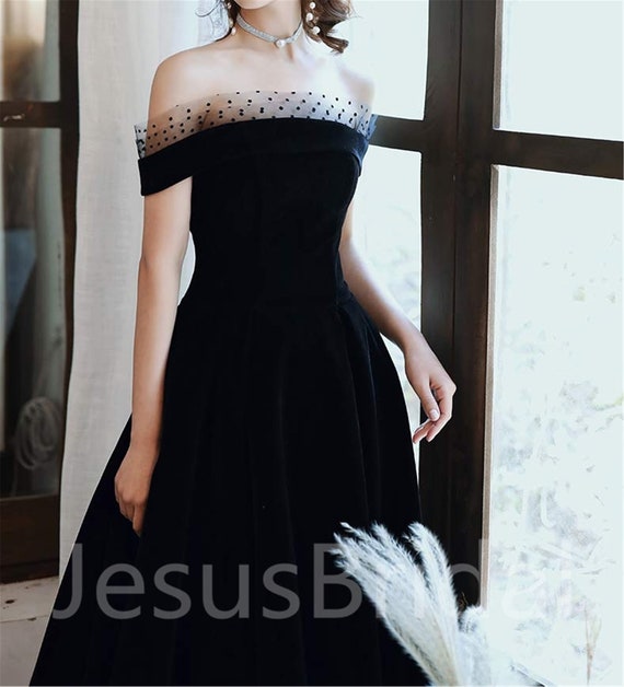 black evening gown off shoulder