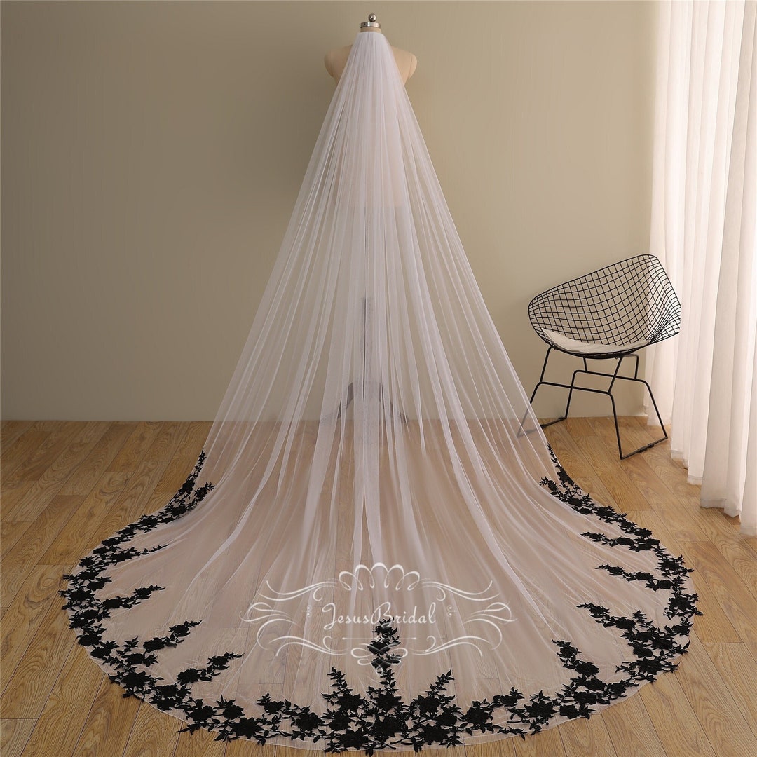 Ivory Wedding Veil With Black Lace Appliqueslong Etsy