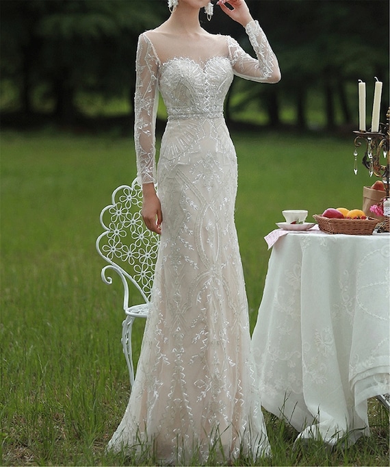 Mermaid Champagne Wedding Dresses Long Sleeves 2 Tiered Tulle Custom Plus Size 